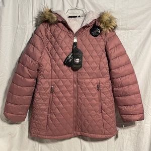 Bebe Sport Puffer Coat Long Jacket Nwt New Dusty Rose Mauve Pink Faux Fur Large